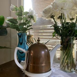 Vintage white ceramic Tea Kettle with insulated Copper Cover